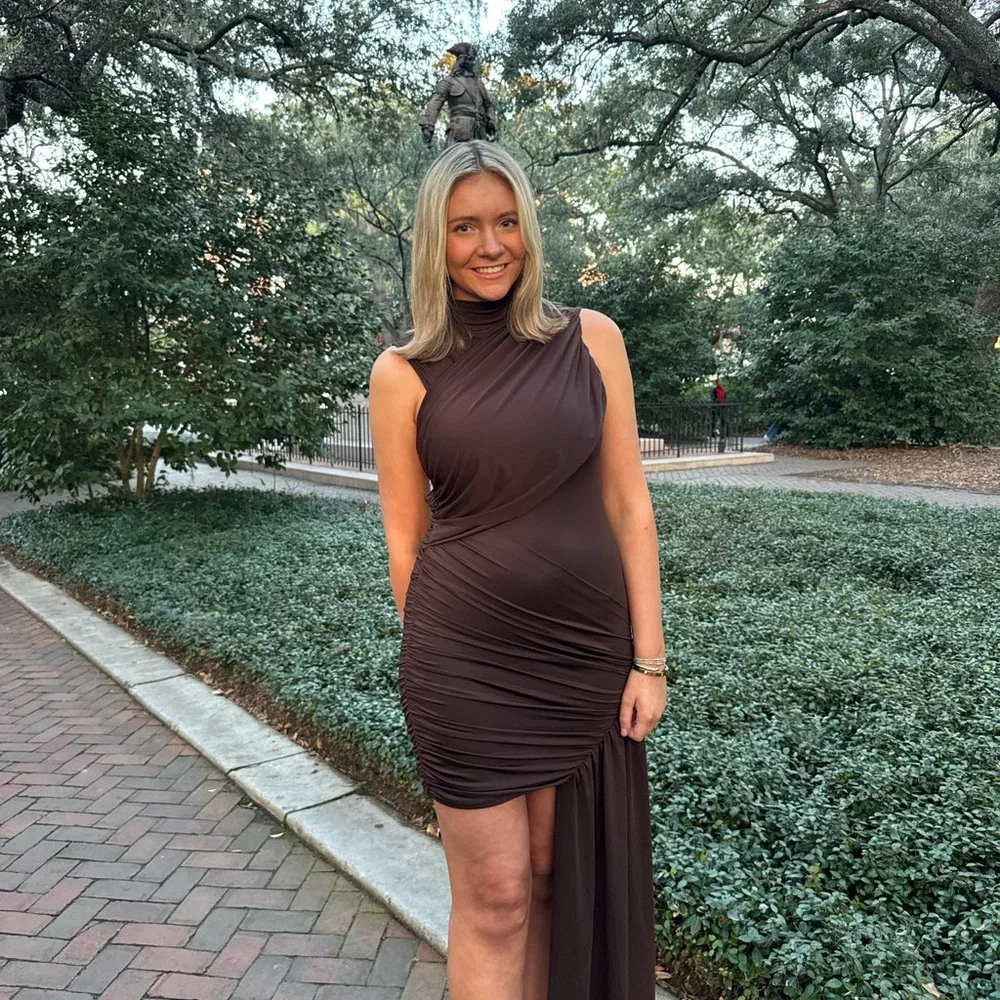 Amazon Sleeveless High-Neck Chocolate Brown Asymmetric Dress - Picture 2 of 2